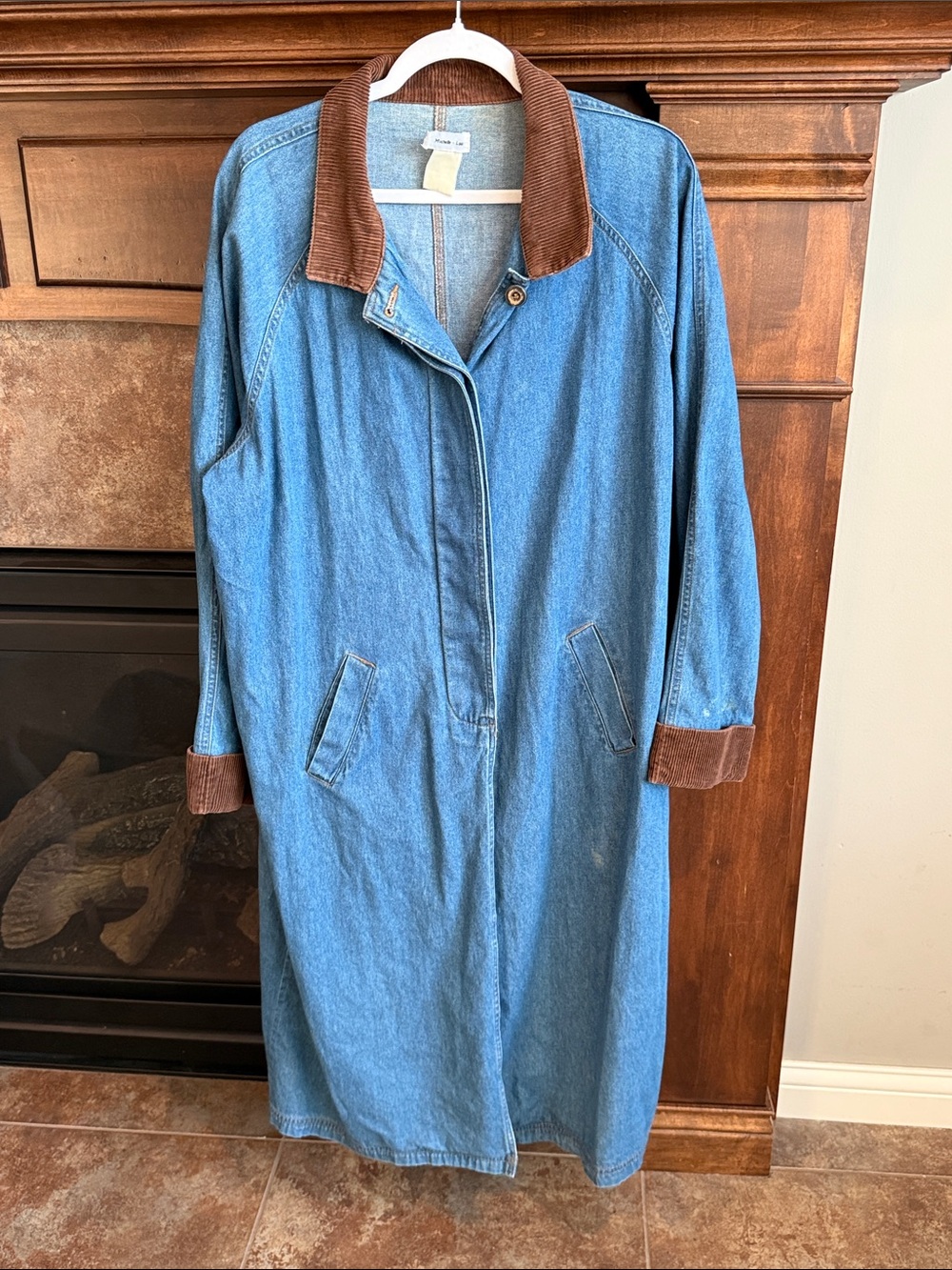 Vintage denim jean long duster jacket brown corduroy collar boho western XL